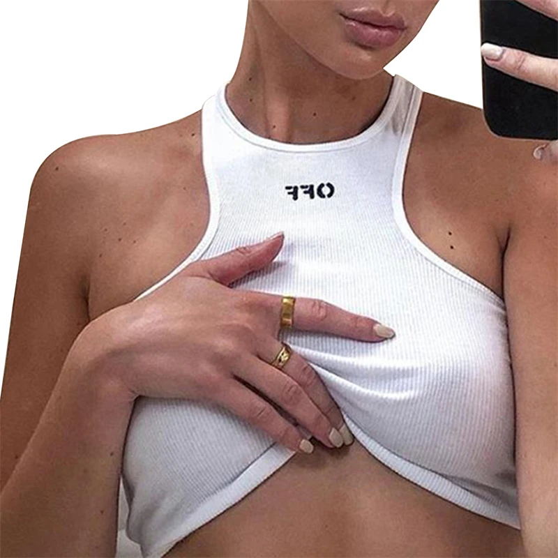 

Hirigin Women\u2019s Ribbed Sleeveless Crop Tops Lettering Printed Round Neck Shirt for Female Sexy Solid Color Crop Tops Vest