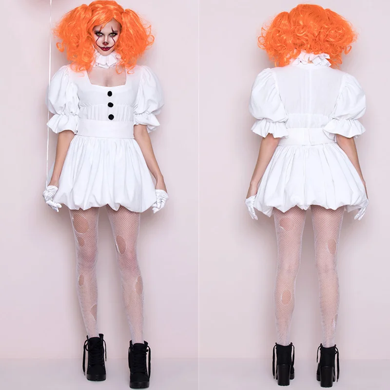 

Белые пикантные смешной костюм клоуна для костюмированной вечеринки; Нарядное платье для взрослых женщин Хэллоуин вечерние маскарад платье Женский сценический костюм