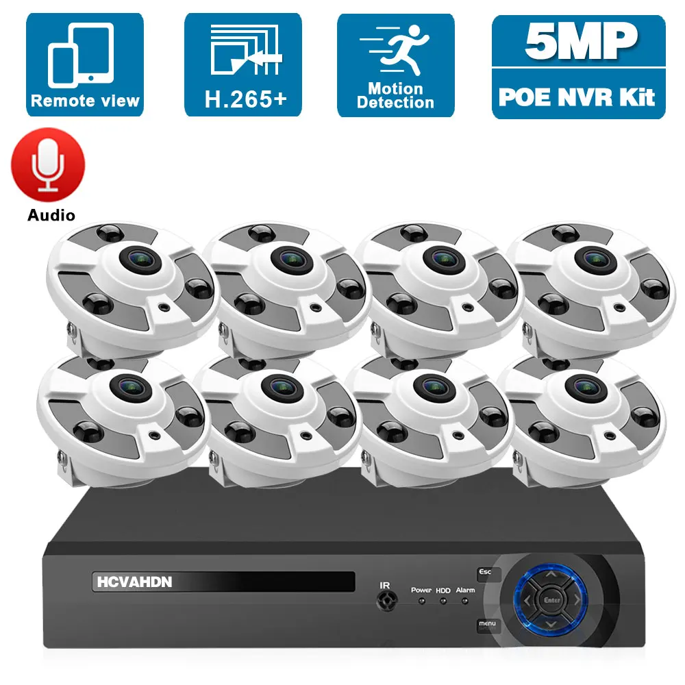 

5MP CCTV Fisheye Monitoring Camera System 8CH POE NVR Kit Indoor Home IP Panoramic Dome Surveillance Camera System Set XMEYE POE