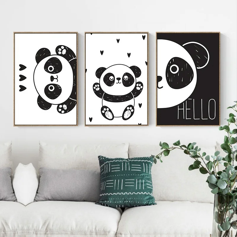 

Modern Cartoon Black and White Panda Love and Simple English Letters Nordic Ins Wind Frameless Painting Core Decorative Painting