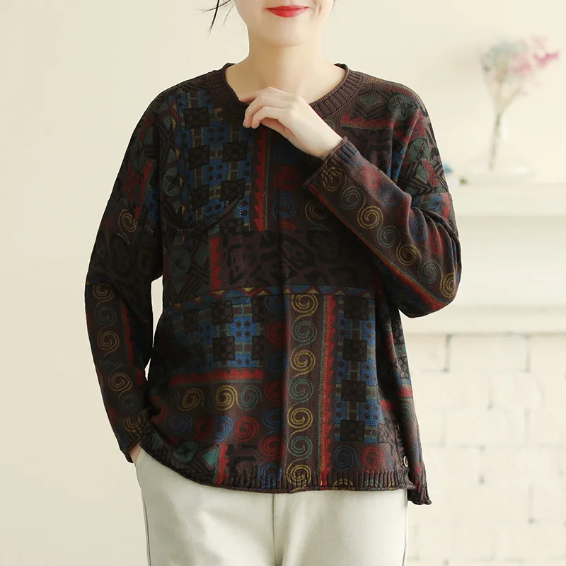 Женские винтажные свитера с цветочным принтом и круглым вырезом свободные