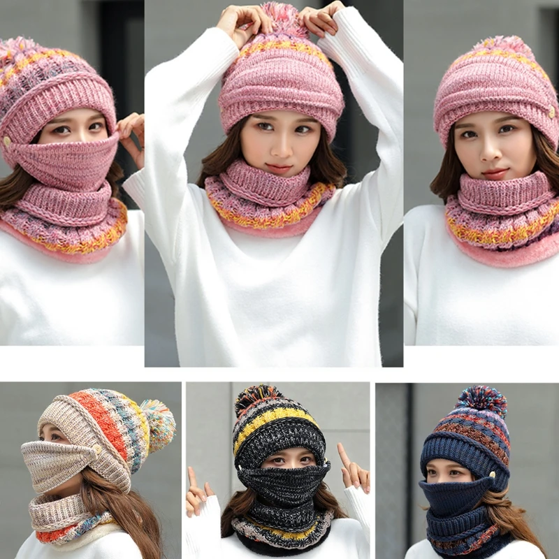 

Women Winter 3Pcs Pompom Beanie Hat Circle Scarf Face Mask Set Multicolor Striped Knit Skull Cap Plush Lined Neck Warmer