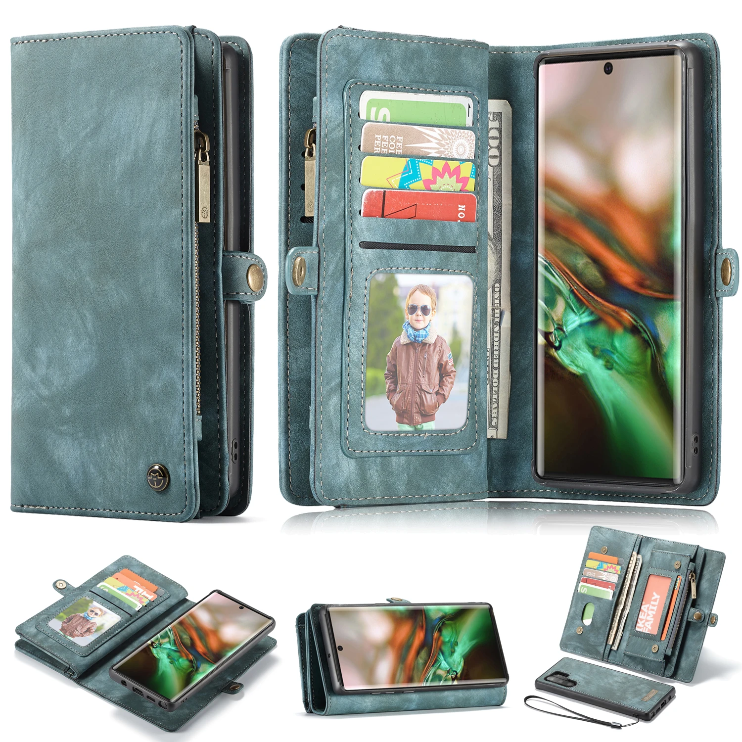 Съемный кожаный чехол кошелек на молнии для Samsung Note 10 полной карты с ремешком Plus S20