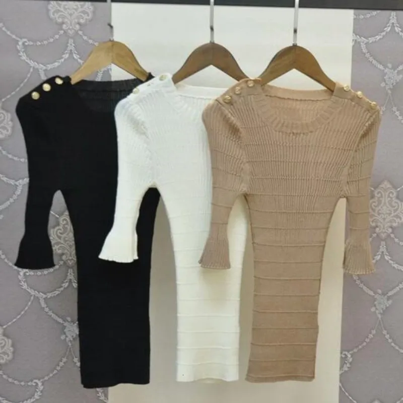 Summer Spring Vogue new arrive female knitting blouse with gold button on shoulder women sweater black Free Shipping | Женская одежда