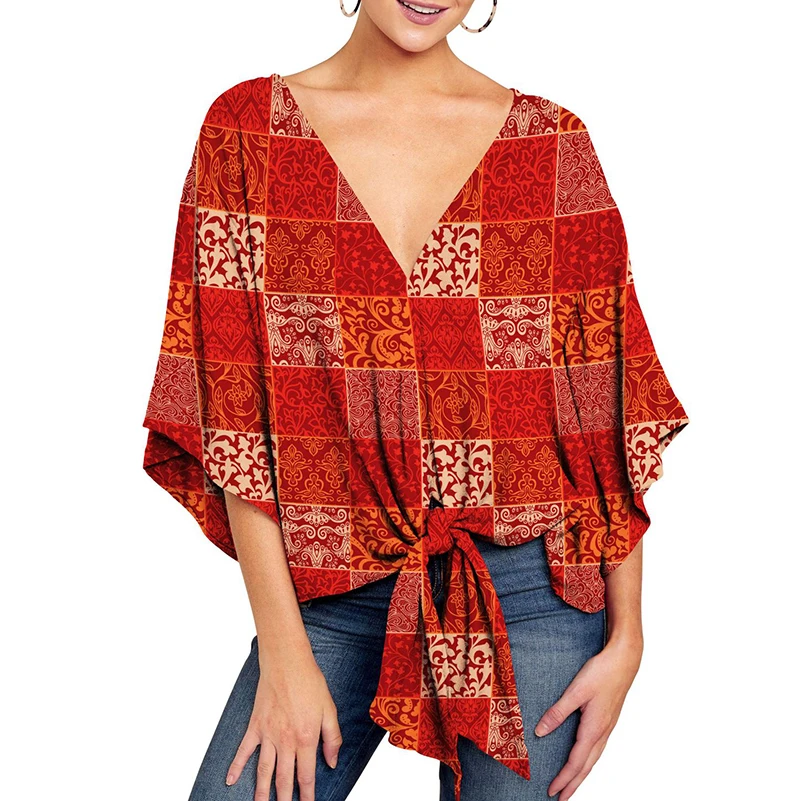 Летняя элегантная офисная блузка женская одежда с v образным вырезом 3/4 рукав