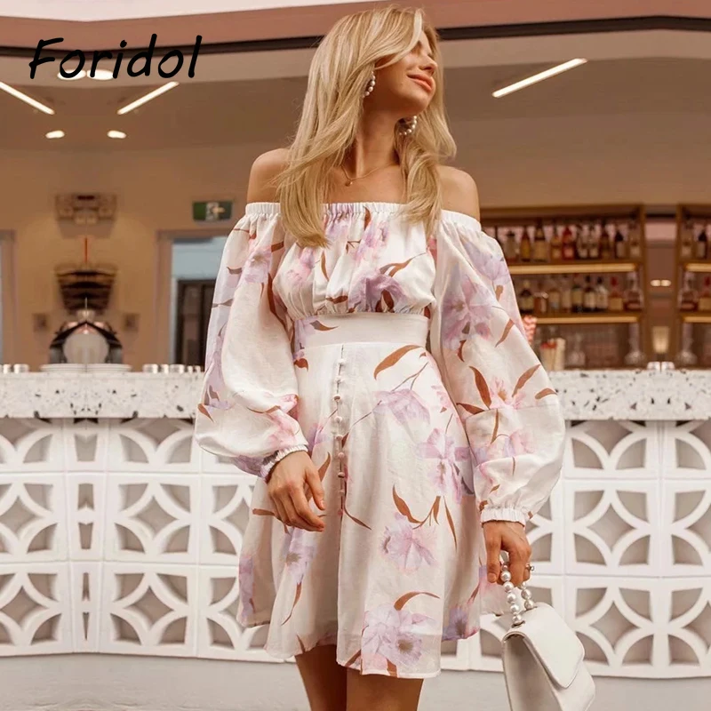 

Off The Shoulder Summer Dress Women Elegant Purple Floral Print Boho Beach Dress Mini A-line Dress 2021 Vintage Vestido De Mujer
