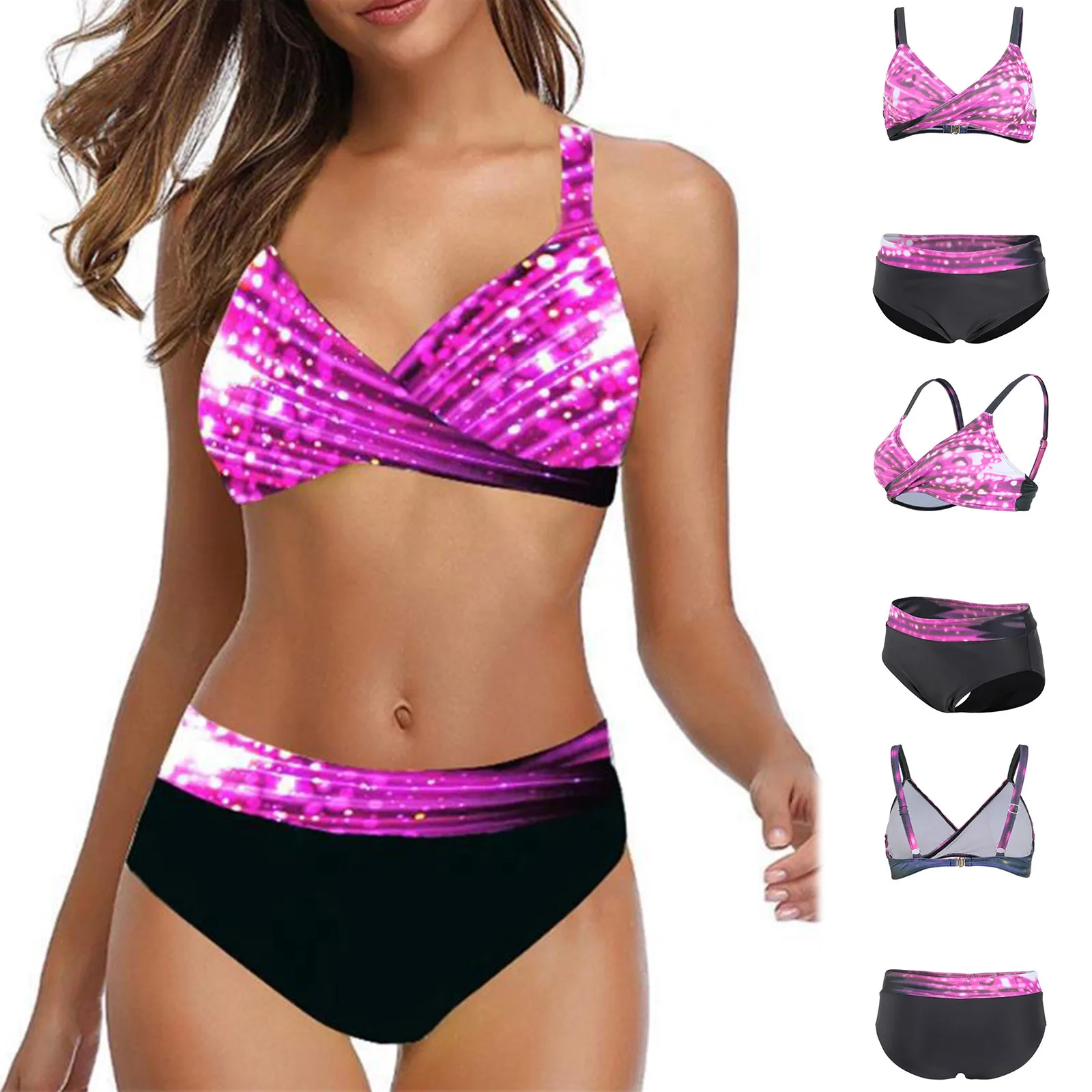 

Women's Swimwear 2021 Sexy Bikini Large Gradient Bright Swimsuit High Waist Split Bathing Suit Two-piece Bikinis Set Top+shorts