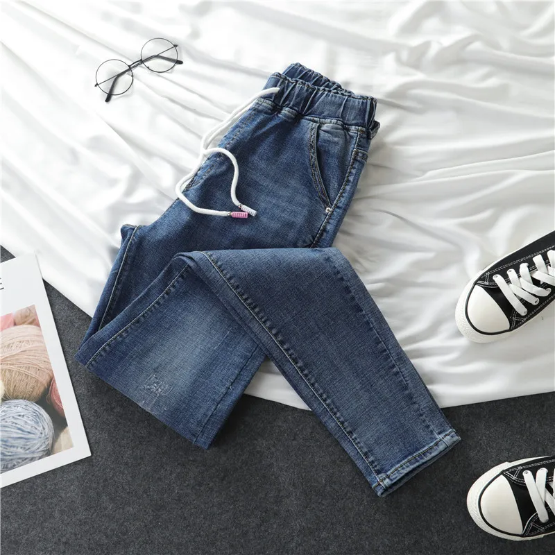 

New High Quality Lengthened Jeans Large Women Elastic Loose Full Length Casual Denim Elastic Waist High Pants Plus Size 26-38 40