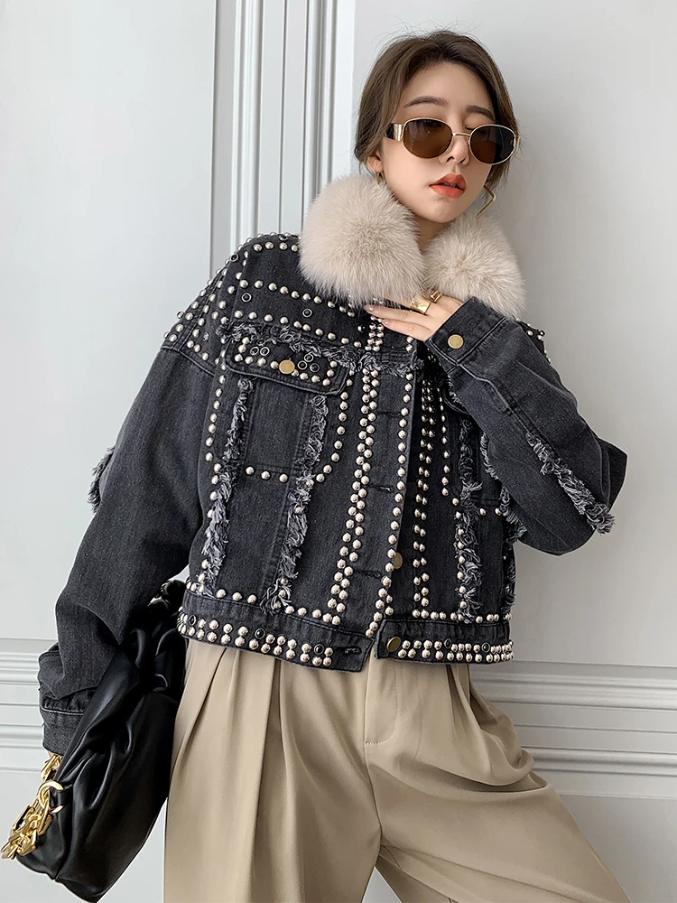 2022 winter woman jean fabric duck down overcoat with real fur collar rivets short jacket for lady blue black plus big size