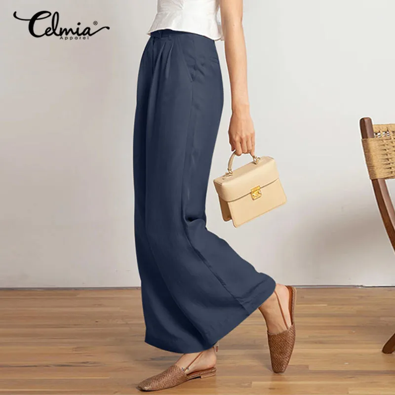 

Celmia High Waist Workplace Long Trousers 2022 Fashion Solid OL Pocket Slack Women Pleated Casual Loose Zipper Wide Leg Pants