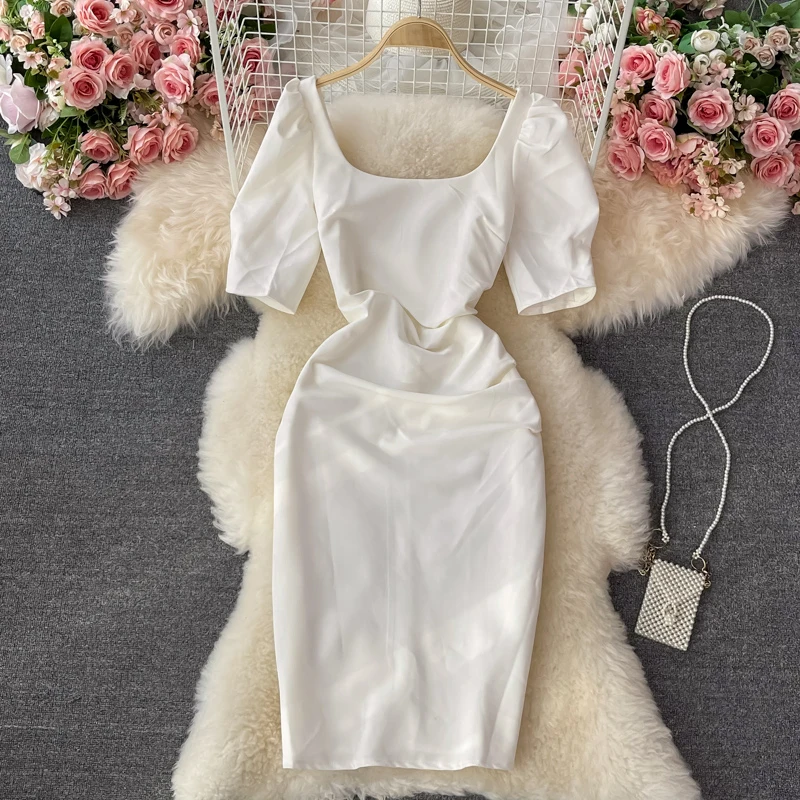 

White Black Dress Sexy Draped Bodycon Dress Women Elegant Square Collar Short Sleeve High Waist Mini Vestidos Party Robe