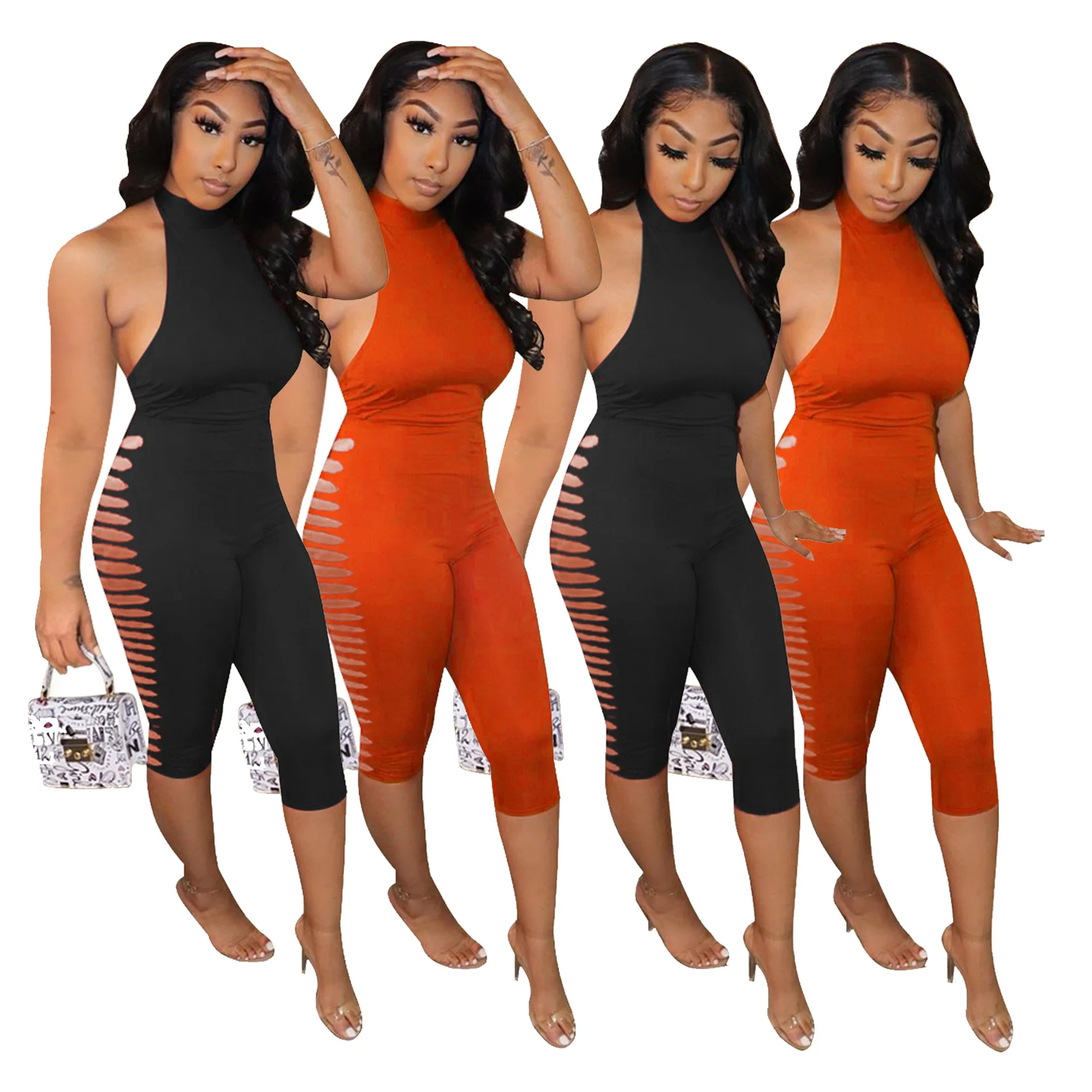 

Женский однотонный Облегающий комбинезон с лямкой на шее без рукавов, Летняя женская одежда, велосипедные шорты, комбинезоны