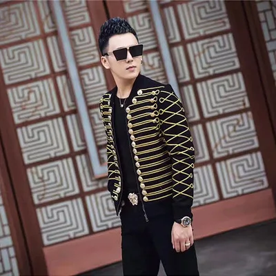 100% настоящая мужская Роскошная золотая отделка шнура черная куртка в стиле