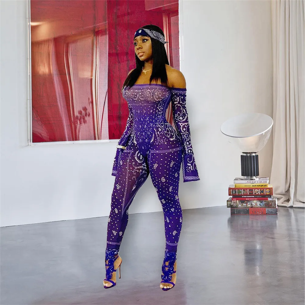 Sexy Off Shoulder Print Rompers Womens Jumpsuit 2019 Mesh Sheer Party Club Overalls Bodycon Jumpsuit Combinaison Pantalon Femme