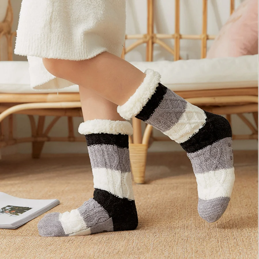 

Fuzzy Slippers Socks Women Warm Plush Bedroom Silicone Non-slip Grip Soft Female Striped Floor Short Sock Christmas Home Indoor