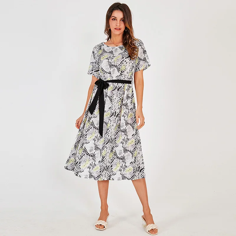 

Summer New Style Women's Elegant Fashion 3d Snake Pattern Elastic Waist Tie Was Thin and Sweet Wild Dress
