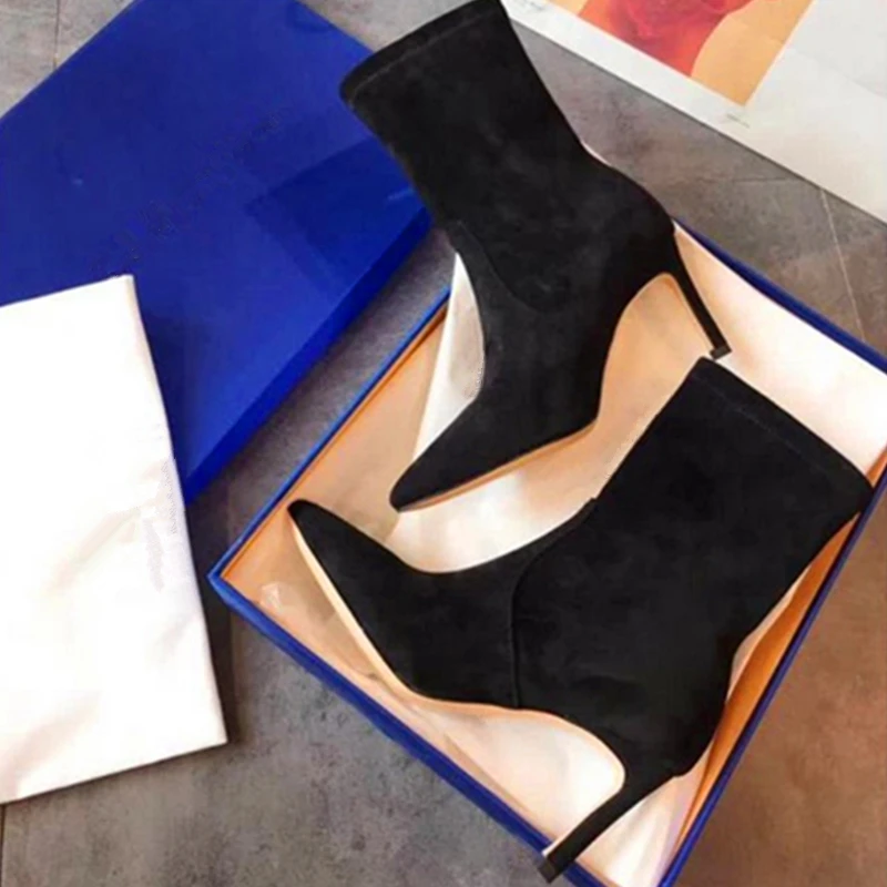 

Ботильоны женские из натуральной замши, модные черные туфли-лодочки на высоком каблуке-шпильке, боевые ботинки для женщин, Осень-зима