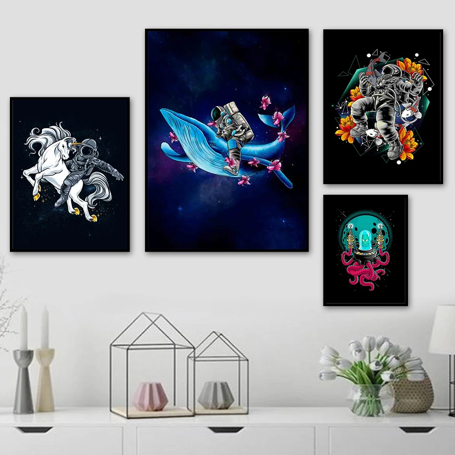 

Astronaut Unicorn Blue Whale Octopus Flower Sky Wall Art Canvas Painting Nordic Posters And Prints Wall Pictures Kids Room Decor