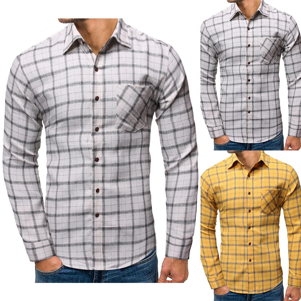 

Рубашка мужская с воротником с лацканами, простая однобортная приталенная Повседневная клетчатая рубашка с длинным рукавом, топ с карманам...