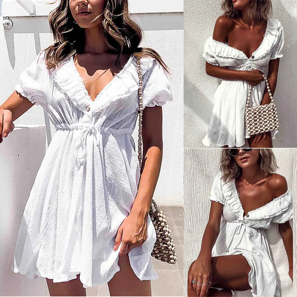 Женское летнее элегантное шифоновое платье с V-образным вырезом однотонное