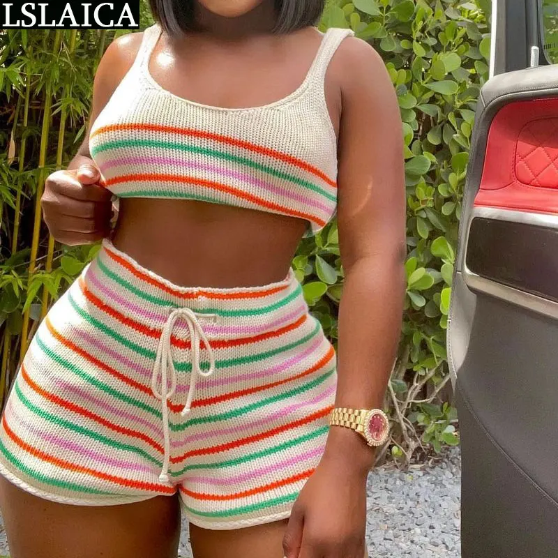 

Women's Shorts Suit Strapless Tops&drawstring Short Pants Stripled Patchwork Set Woman 2 Pieces Summer Knit Sweater Women Sets