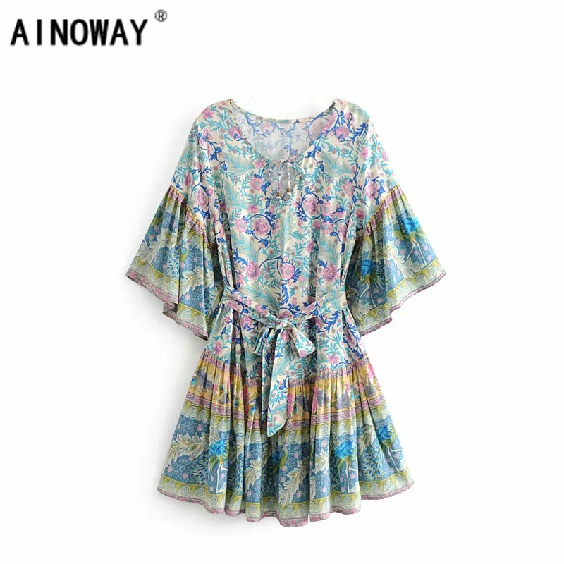 Женское винтажное платье с глубоким V образным вырезом и рукавом летучая