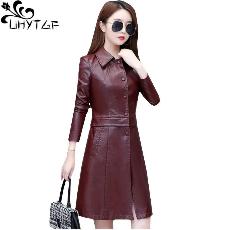 

UHYTGF Autumn leather jacket Women's Single-breasted slim female coat mid-length elegant Female 5XL big size leather coats 1316