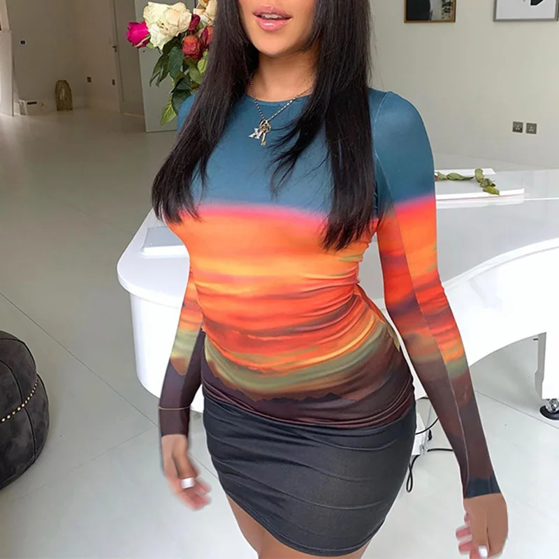

Tie Dye Print Women Mini Dress Long Sleeve O Neck Bodycon Sexy Dresses 2021 Autumn Winter Clothes Club Stretch bodycon dress