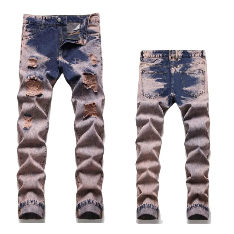 Men Jeans Patchwork Slim Multicolor Skinny Jeans Streetwear Ripped Stretch Denim Pants Holes Trousers Multiple Styles
