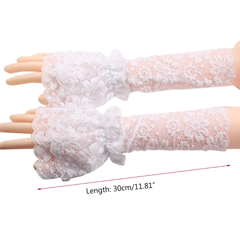 

Women Bridal Double Layer Ruffled Fingerless Gloves Floral Lace Wedding Arm Warmer Solid Color Sunscreen Fake Sleeves