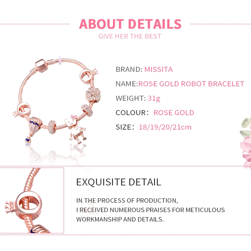 

MISSITA 2019 NEW Rose Gold Charm Bracelet with Bella Robot Beads Bracelets for Women Anniversary Brand Gift Dropshipping