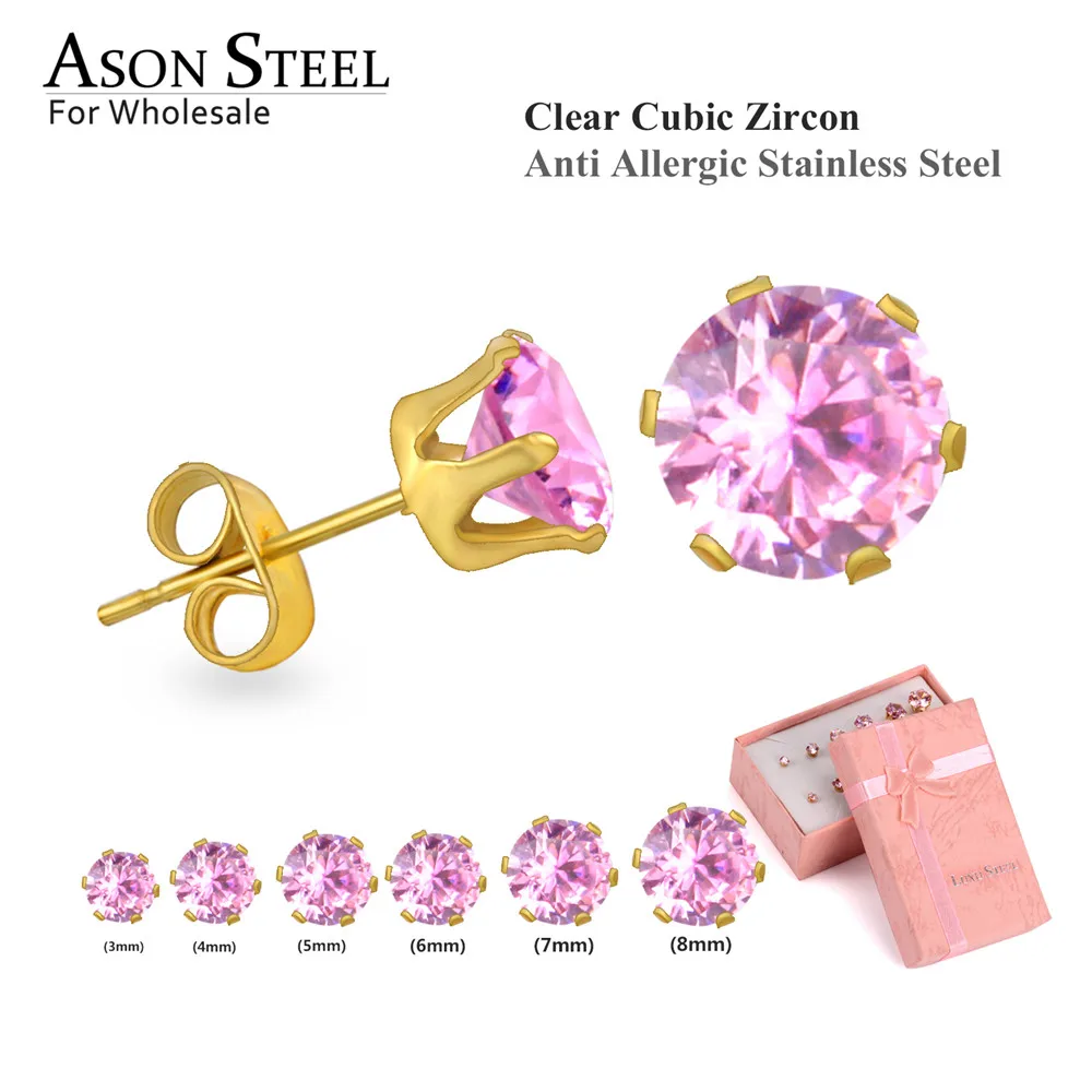ASON, стальные серьги-гвоздики для женщин, розовый цвет, Круглый AAA кристалл, 6 пар/кор., набор сережек, нержавеющая сталь, Mujer Bijoux, подарок для любви