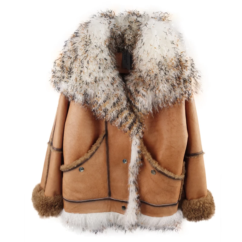 Женская куртка из натуральной кожи с воротником овечьей шерсти|Кожаные куртки| |