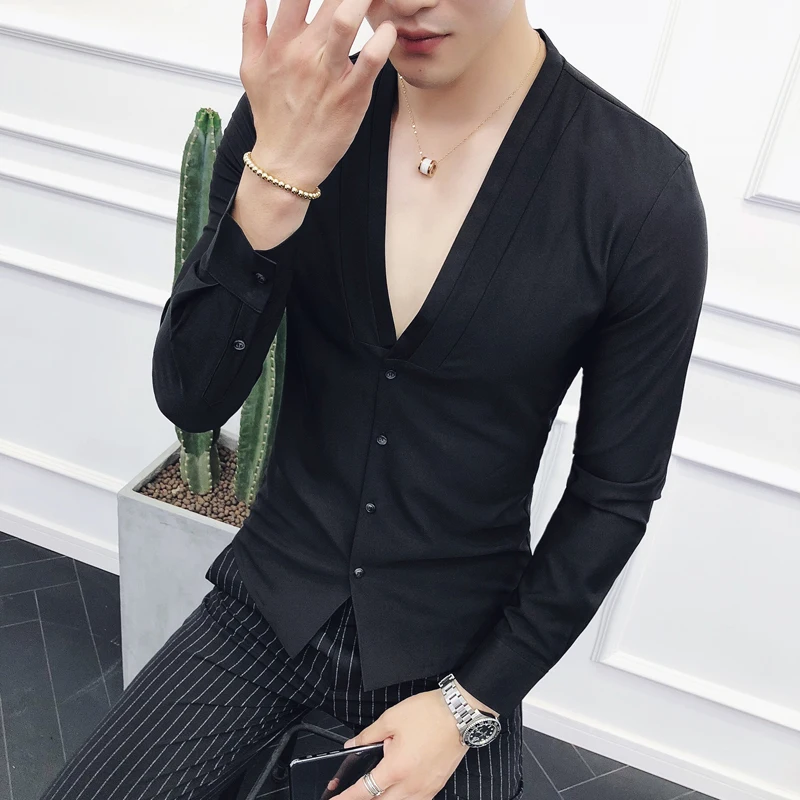 Пикантная рубашка без воротника с глубоким V образным вырезом новинка 2018 осенняя