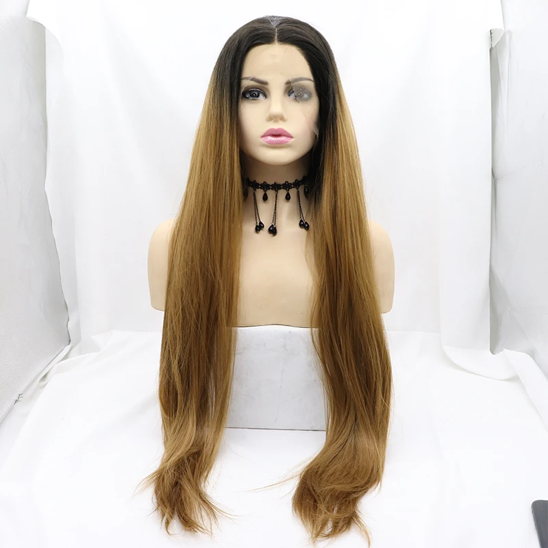 

Long Straight Synthetic Lace Front Wig Light Blonde Gold Ombre Hair Dark Black Roots Cosplay Frontal Glueless Wigs For Women