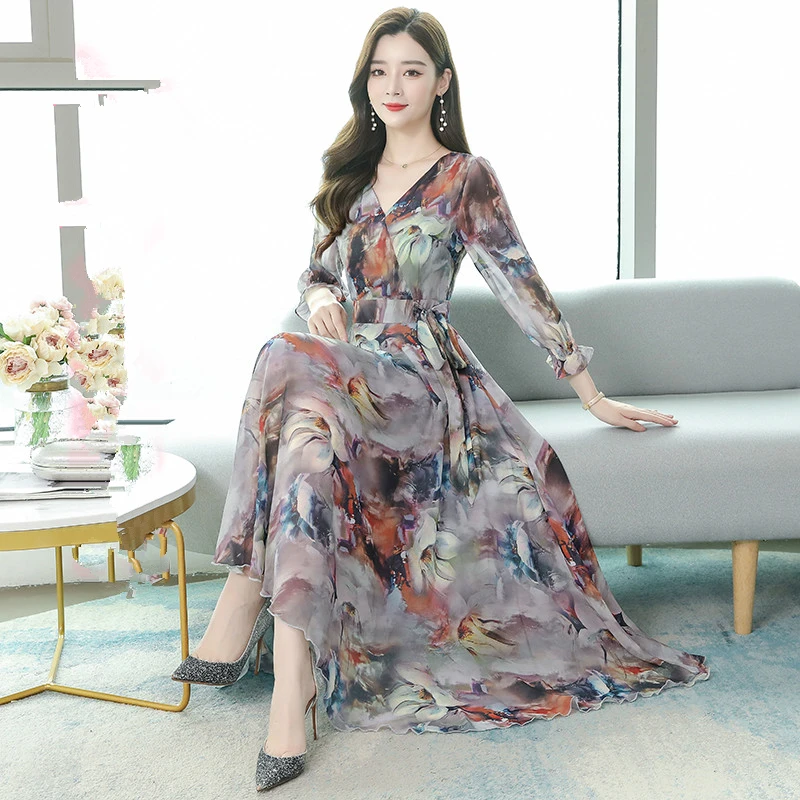 Корейское осеннее шифоновое платье с длинным рукавом женские модные облегающие