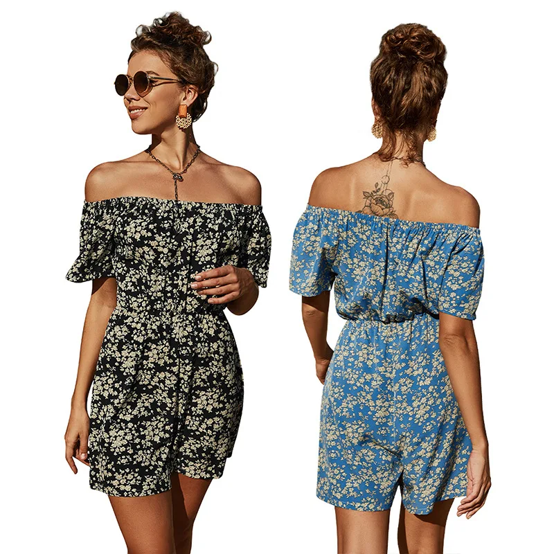

Summer One-shoulder Temperament Commuter High-waist Printed Wide-leg Jumpsuit Sexy Waist Blue Short Fashion Women's Clothing