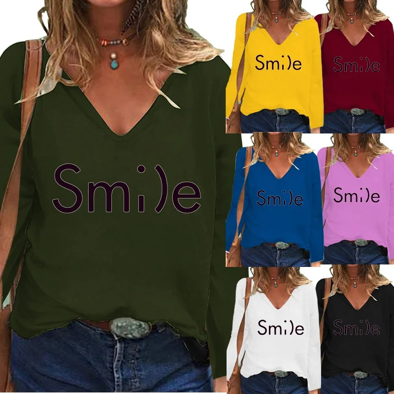 

Fashion Printing Elegent Long Sleeve Plus Size Loose Casual Shirt Graphic Tee V-neck Pullover Women Autumn and Winter Tops