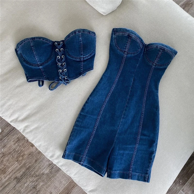 

Tossy Skinny Strapless Short Denim Jumpsuit Women Romper Sexy Backless Bodycon Jeans Outfits Casual Summer 2021 New Playsuit