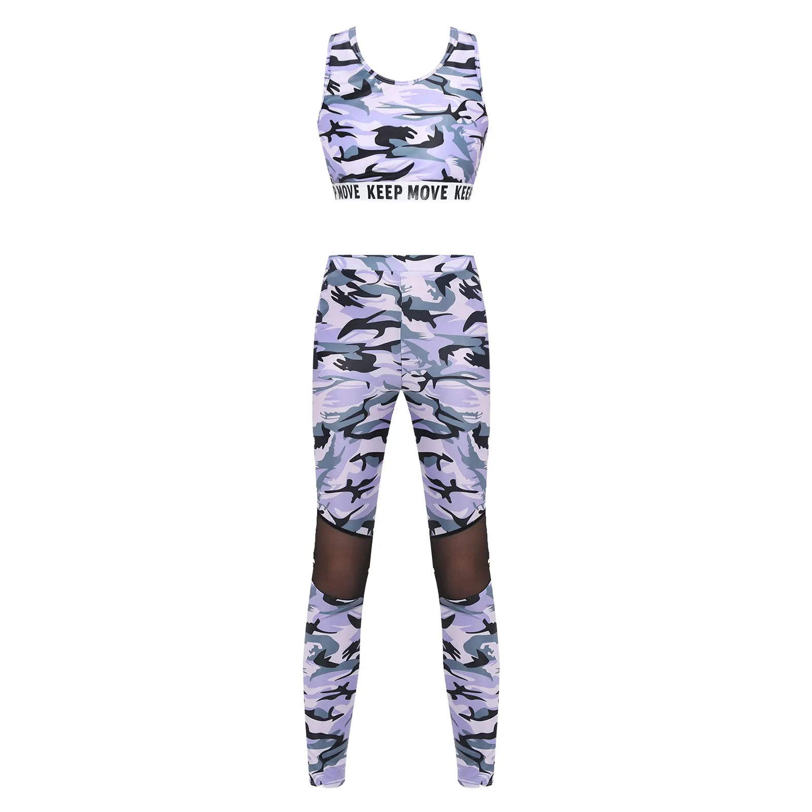 

2021 Kids Girls Child Dance Sets Gymnastics Dancewear Outfit Camouflag Print Sleeveless Racer Back Tanks Crop Top with Leggings