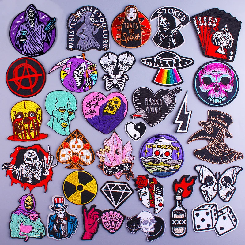 

Prajna Punk Skull Patch On Clothes Stripes Embroidered Patches For Clothing Joker Iron On Patches For Clothes Badges DIY T-shirt