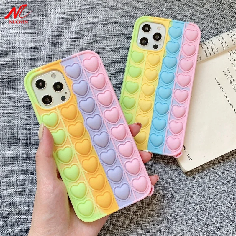 

3D Heart Fidget Reliver Stress Toys Case for iPhone 12 11 13 Pro Max Mini SE 2 X Xs Xr 6s 7 8 Plus Push It Bubble Silicone Cover