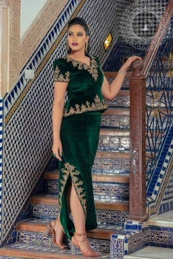 Karakou Emerald Green Evening Dress With Lace Short Sleeve Mermaid Algerien Turkey Prom Dresses 2022 V Neck Dubai Robe De Soirée
