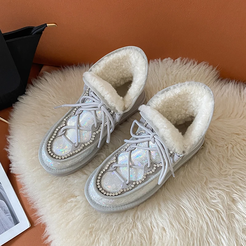 

Женские повседневные ботильоны Osunlina, зимние ботинки из шерсти на плоской подошве, с круглым носком, на платформе и каблуке, со стразами, разм...