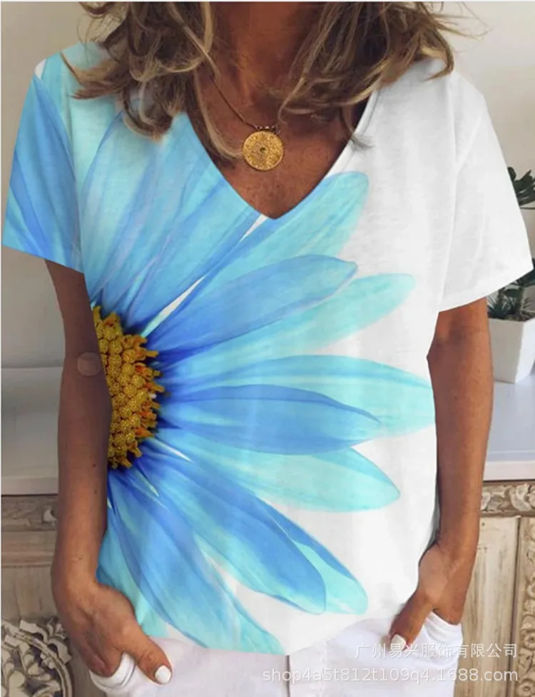

Summer New Style V Neck Multicolor Daisy Casual Comfortable T-shirt Women's Loose Fashion Short Sleeved Plus Size Blouse