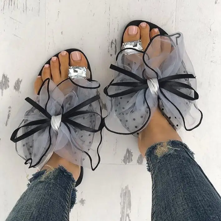 Сандалии женские со стразами шнуровка плоская подошва Декор пляжная обувь для