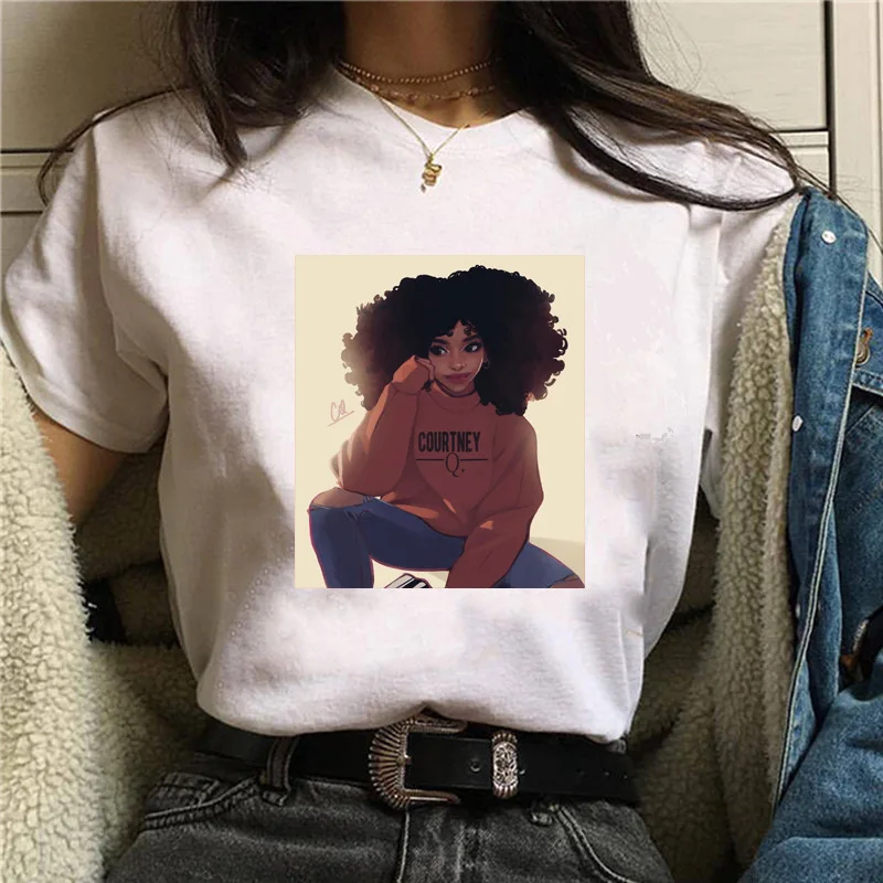 

Summer Round Neck Top European And American Curly Hair Girl Cartoon Print Short-Sleeved Top T-Shirt Fashion Loose Trend
