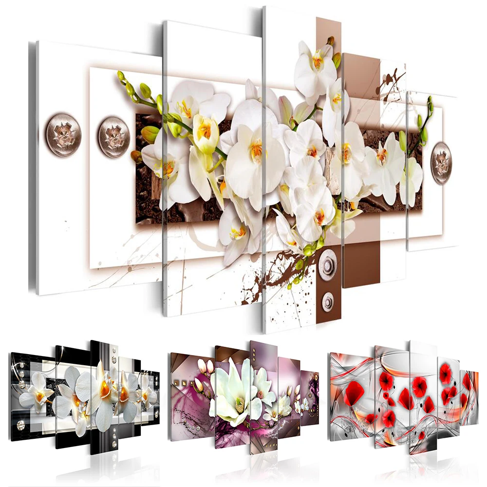 

No Framed Canvas 5Pcs Mangnolia Floral Orchid Flower Wall Art Posters Pictures Paintings Home Decor for Living Room Decoration