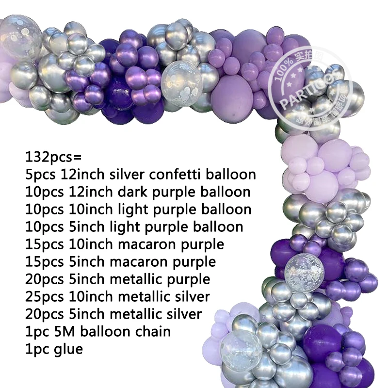 Guirnalda de globos de boda p&uacute;rpura, Kit de arco de globos met&aacute;licos de color morado y plateado, Macaron, decoraci&oacute;n de cumplea&ntilde;os y aniversario de una fiesta, 132 Uds.-2