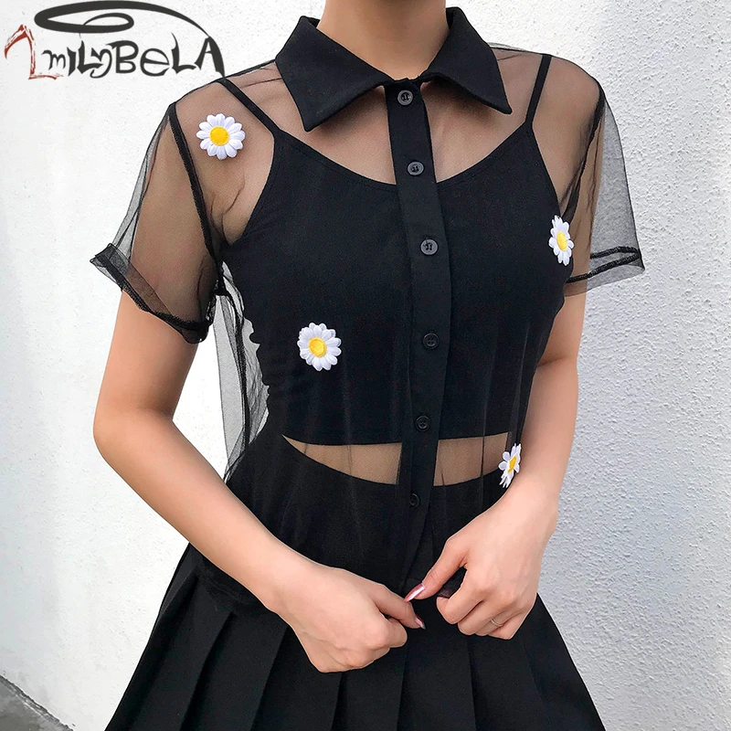 Imily Bela сетчатый топ футболка женская с коротким рукавом Прозрачная Цветочная